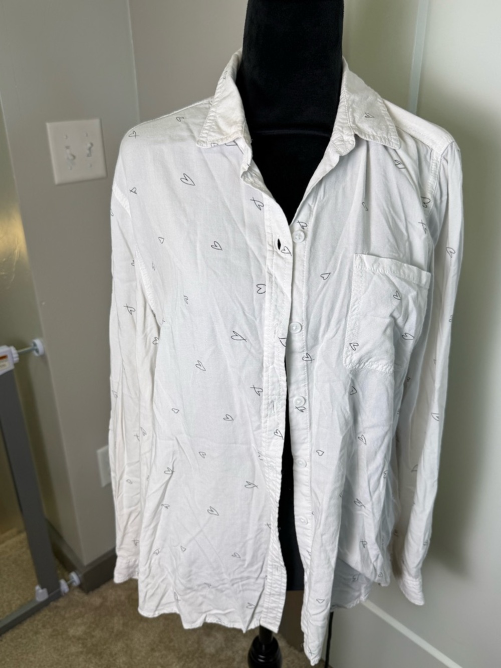 Beachlunchlounge Long Sleeve Viscose Button Down Shirt White Hearts Lightweight
